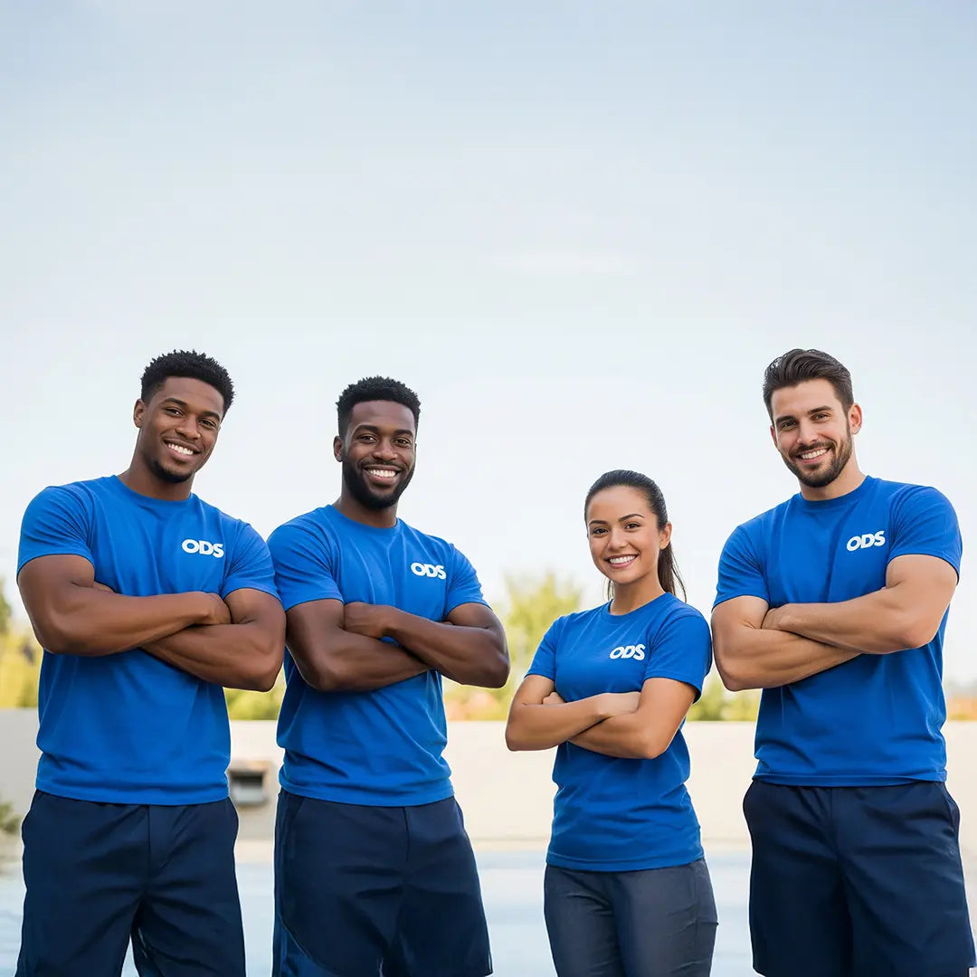 Four people wearing blue shirts with a logo standing outdoors.