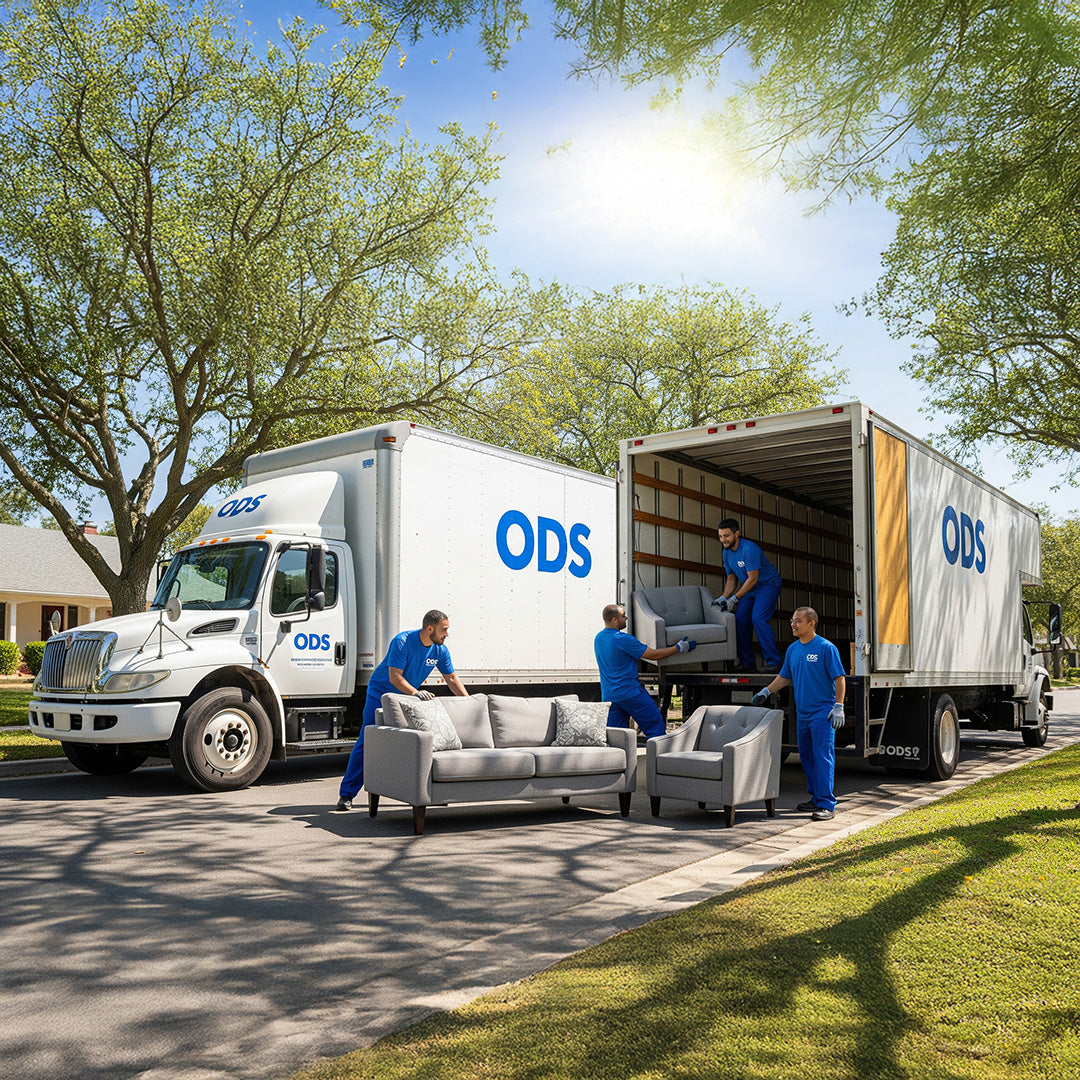 ODS moving crew unloading sofas and chairs from branded trucks during a residential delivery.