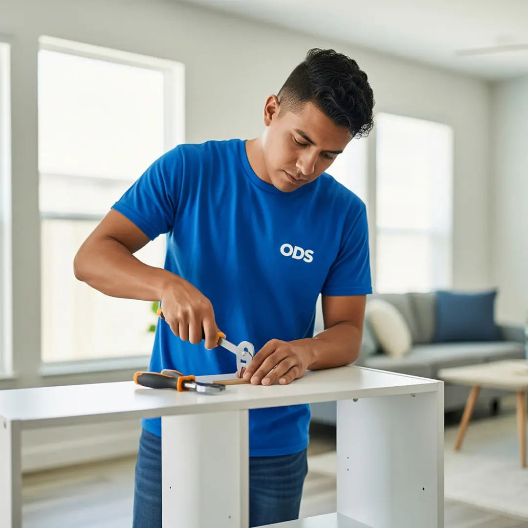 Person assembling furniture wearing a blue 'ODS' t-shirt in a living room.