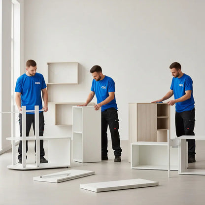 Three men in blue shirts assembling white furniture in a room.