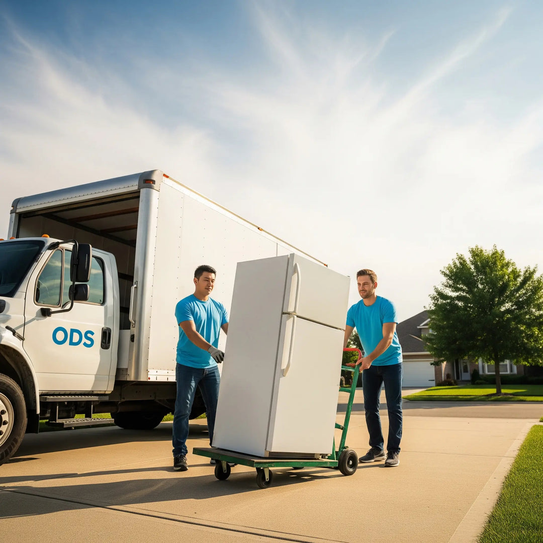 Two men moving a refrigerator with an ODS truck in the background.