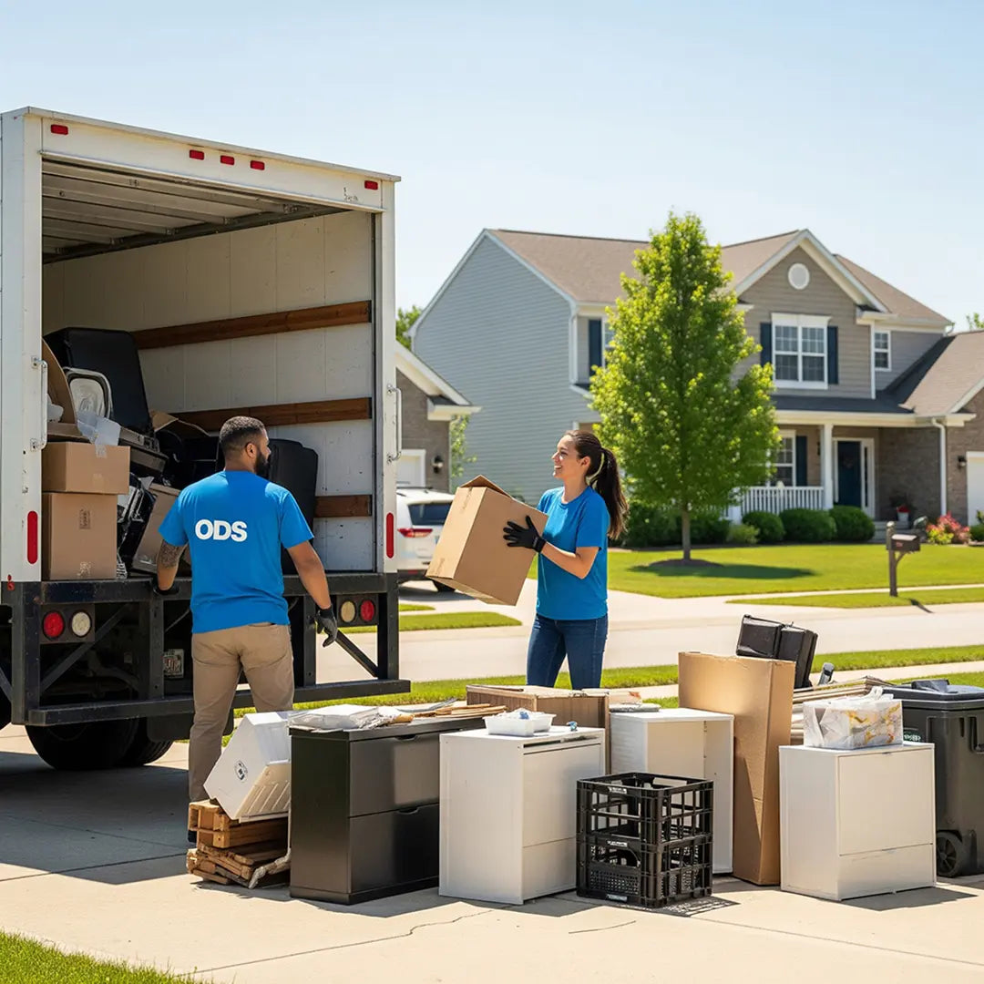 Two movers unloading furniture from a truck outside a house.