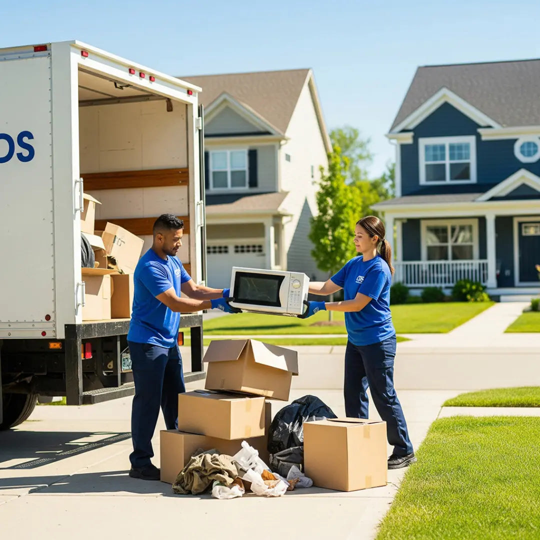 Two movers unloading boxes and a microwave from a moving truck in a residential area.