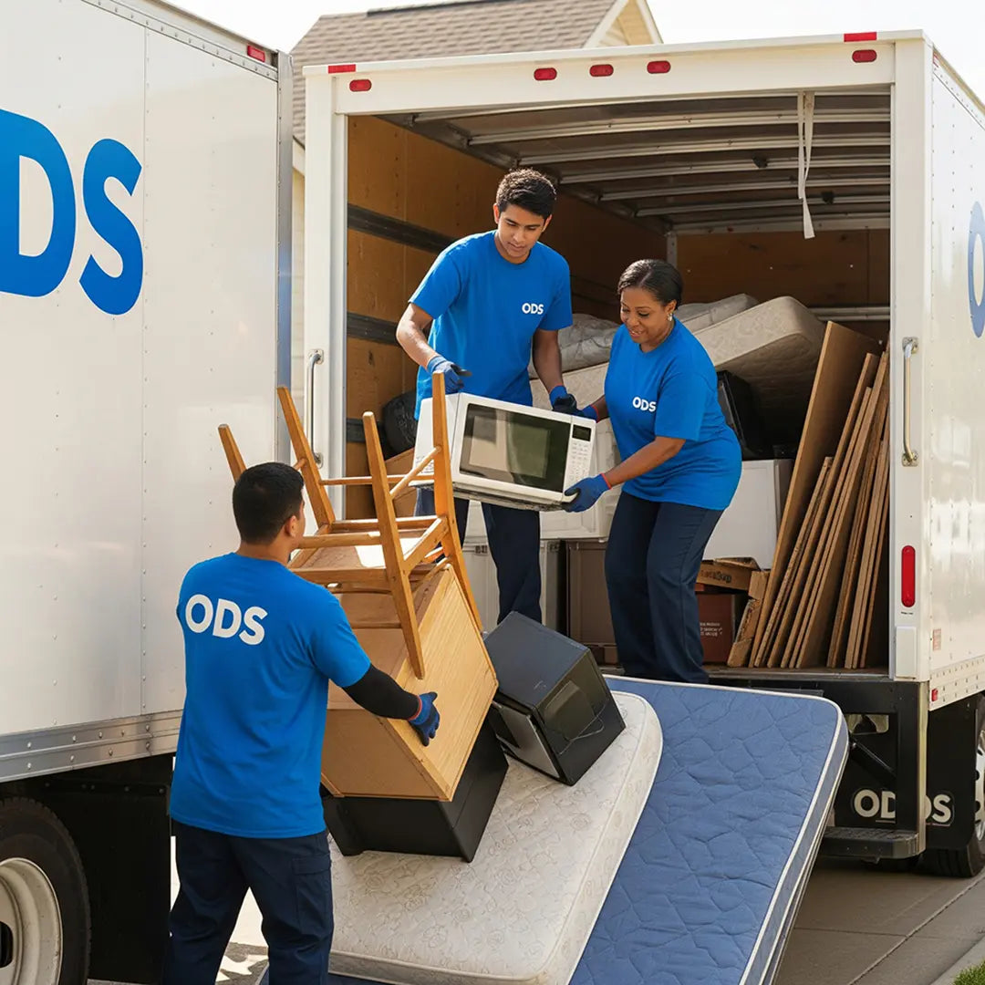 Three movers in blue ODS shirts unloading furniture from a moving truck.