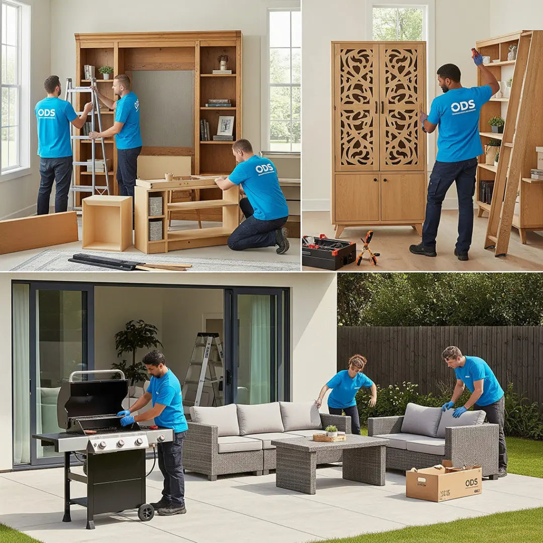 Collage of people in blue ODS shirts assembling furniture and setting up outdoor furniture.