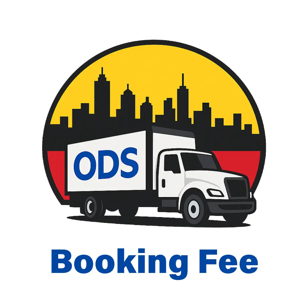 Logo with a truck and cityscape, featuring the letters 'ODS' and text 'Booking Fee'.
