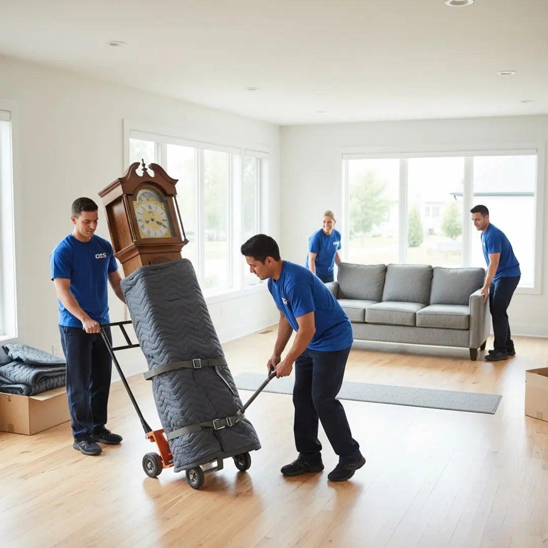 Movers carrying a large clock in a living room.