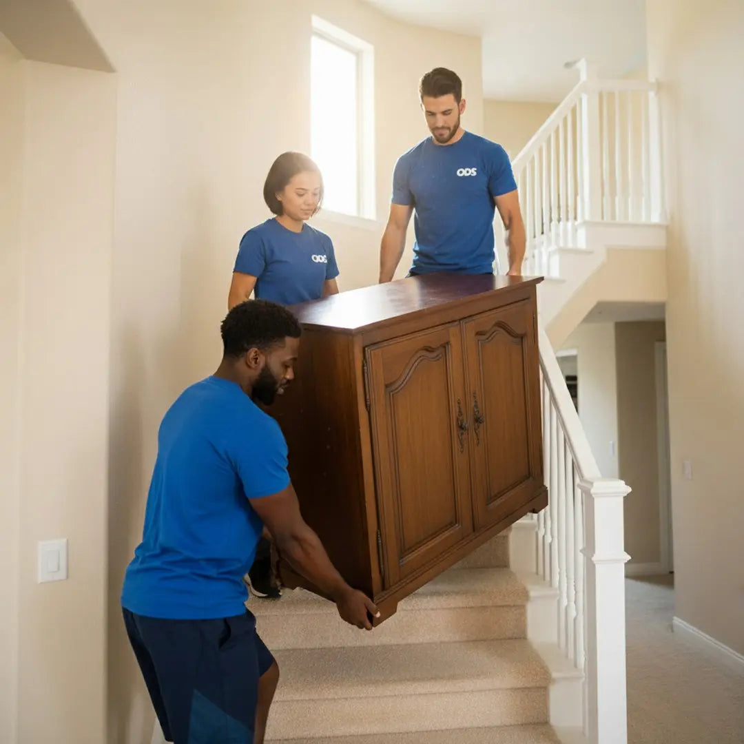 Three movers in blue shirts moving a wooden cabinet up a staircase.