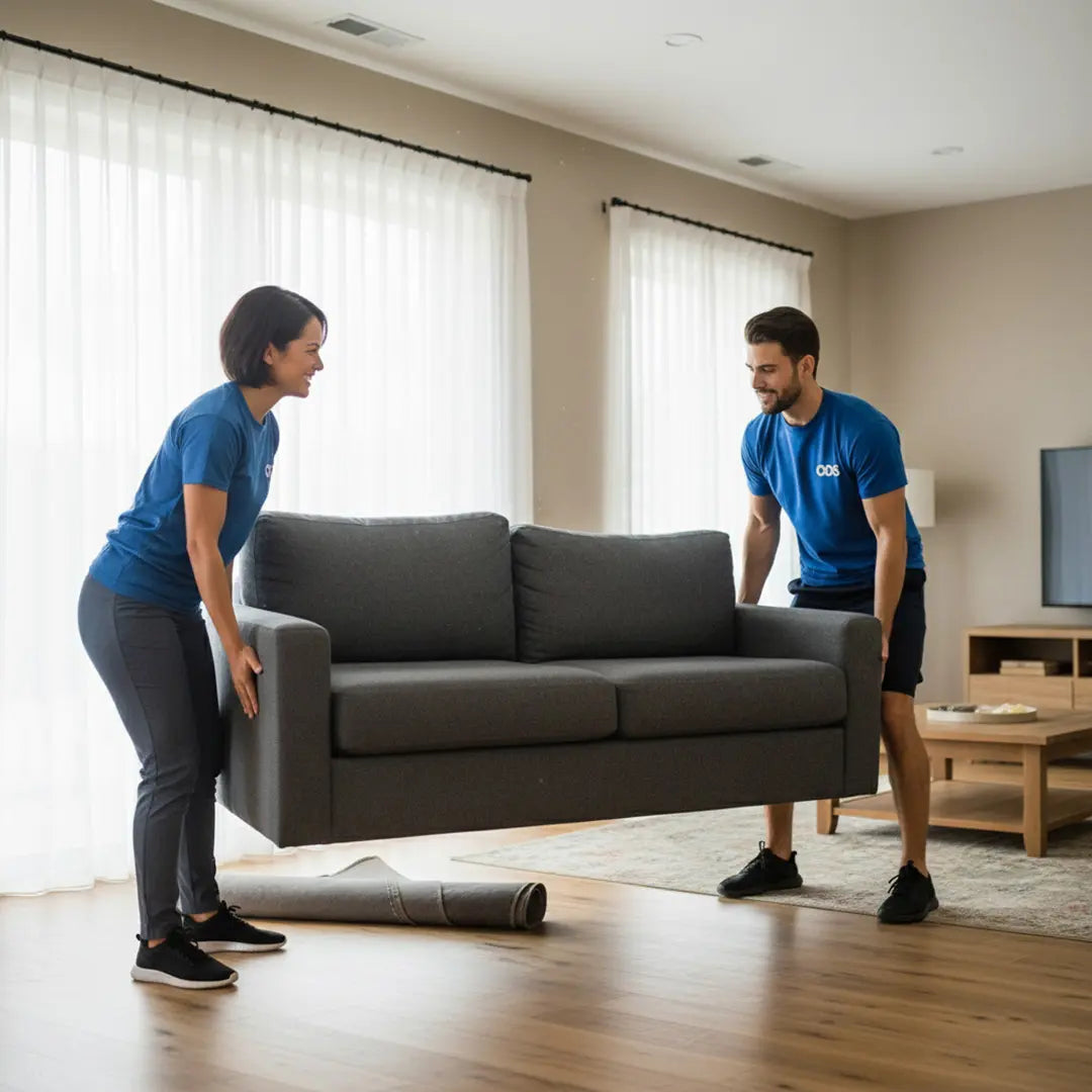 Two people moving a gray sofa in a living room.
