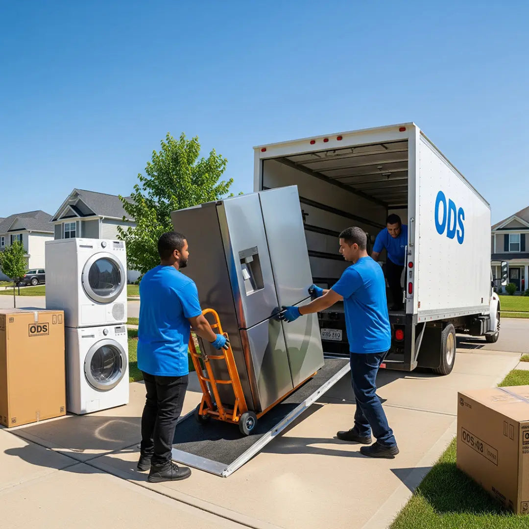 Two movers unloading a refrigerator from a moving truck with 'ODS' branding.