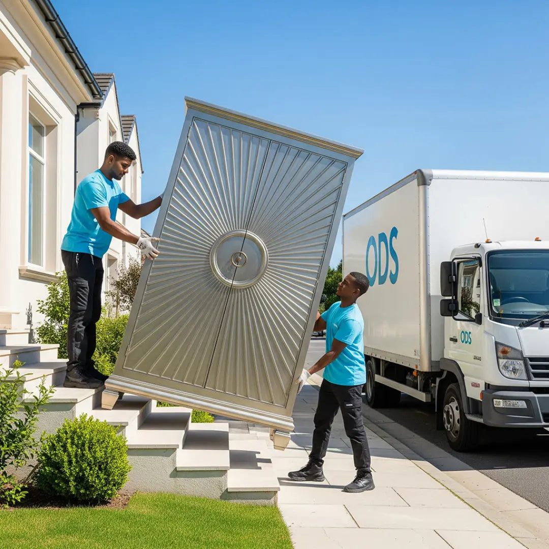 Two men carrying a large metal object towards a moving truck with 'OOS' branding.