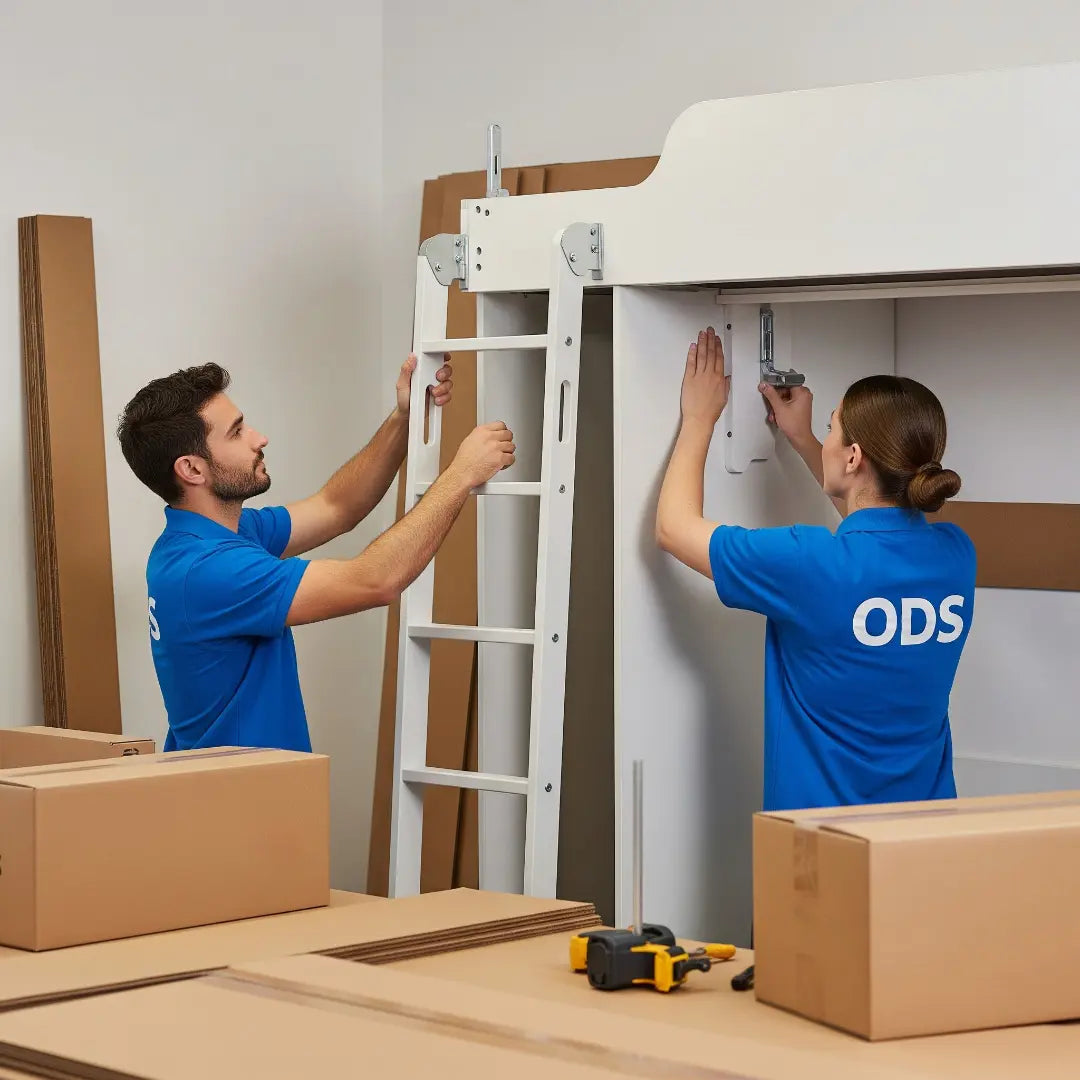 Two people in blue shirts assembling a piece of furniture with tools and boxes around.