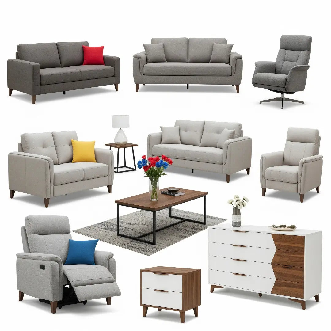 Collage of various living room furniture pieces on a white background