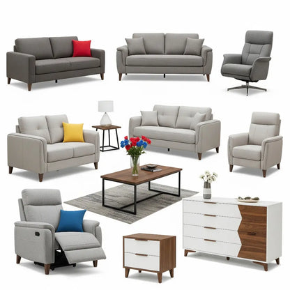 Collage of various living room furniture pieces on a white background