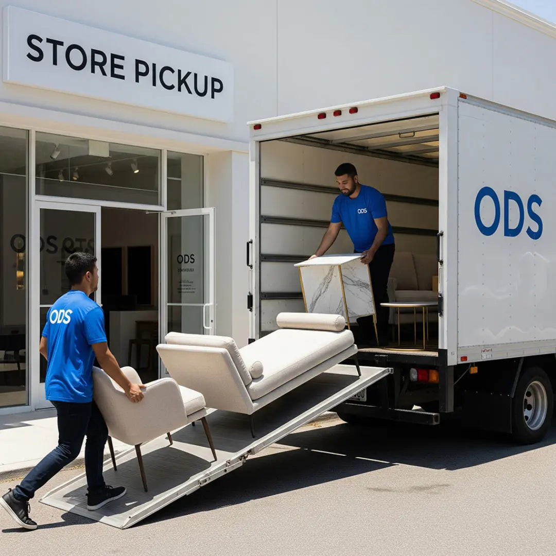 Two ODS employees unloading furniture from a truck outside a store with 'Store Pickup' sign.